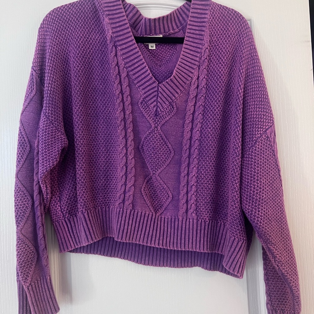 POL purple acid wash V-Neck Cable Knit Sweater